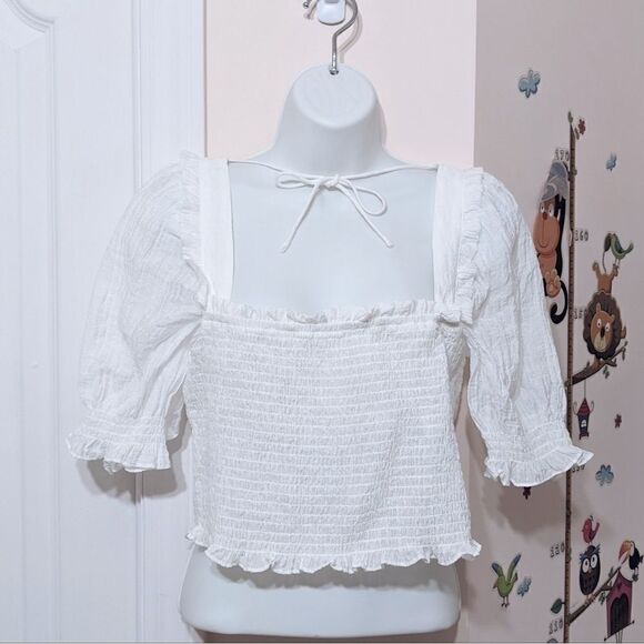 H&m puff sleeves smocked white peasant blouse Medium @K1 - Picture 4 of 11